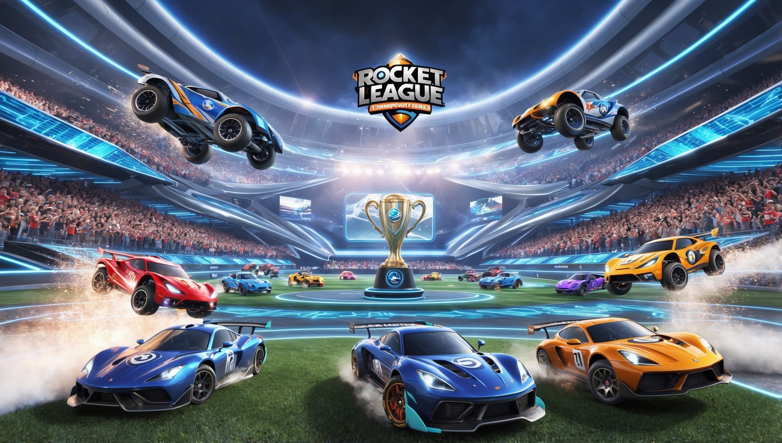 A vibrant and action-packed scene set in a futuristic stadium, capturing the excitement of a Rocket League Championship Series event, where two teams of high-performance, customizable cars are mid-game, racing and jumping in mid-air, surrounded by a sea of cheering fans, all bathed in a mesmerizing display of neon lights and LED screens, with the championship trophy prominently displayed at center stage, against a backdrop of sleek, metallic architecture and swooping curves, with the Rocket League logo emblazoned in bold, metallic silver lettering, illuminated by sparkling spotlights, and a dynamic, electric atmosphere that pulses with energy and competitive intensity.