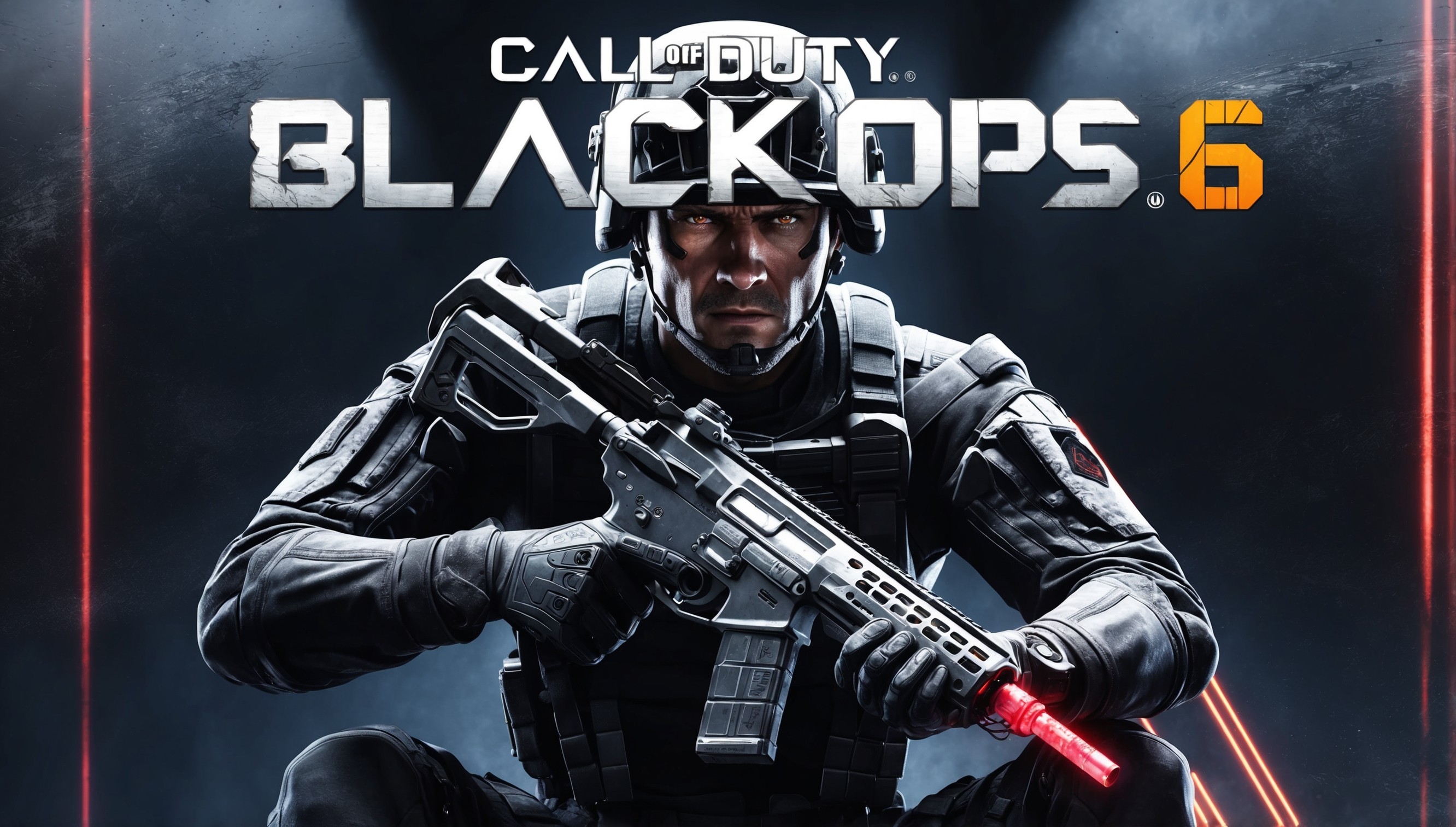 A gritty, high-octane video game cover art depicting Call of Duty: Black Ops 6, set against a dark, ominous background with subtle hints of neon lights reflecting off metallic surfaces, evoking a sense of futuristic warfare. In the foreground, a helmeted, stoic soldier clad in black tactical gear, with a determined expression, piercing brown eyes, and a strong jawline, is shown in a powerful stance, holding a high-tech assault rifle with a red glow emanating from the scope. The title 