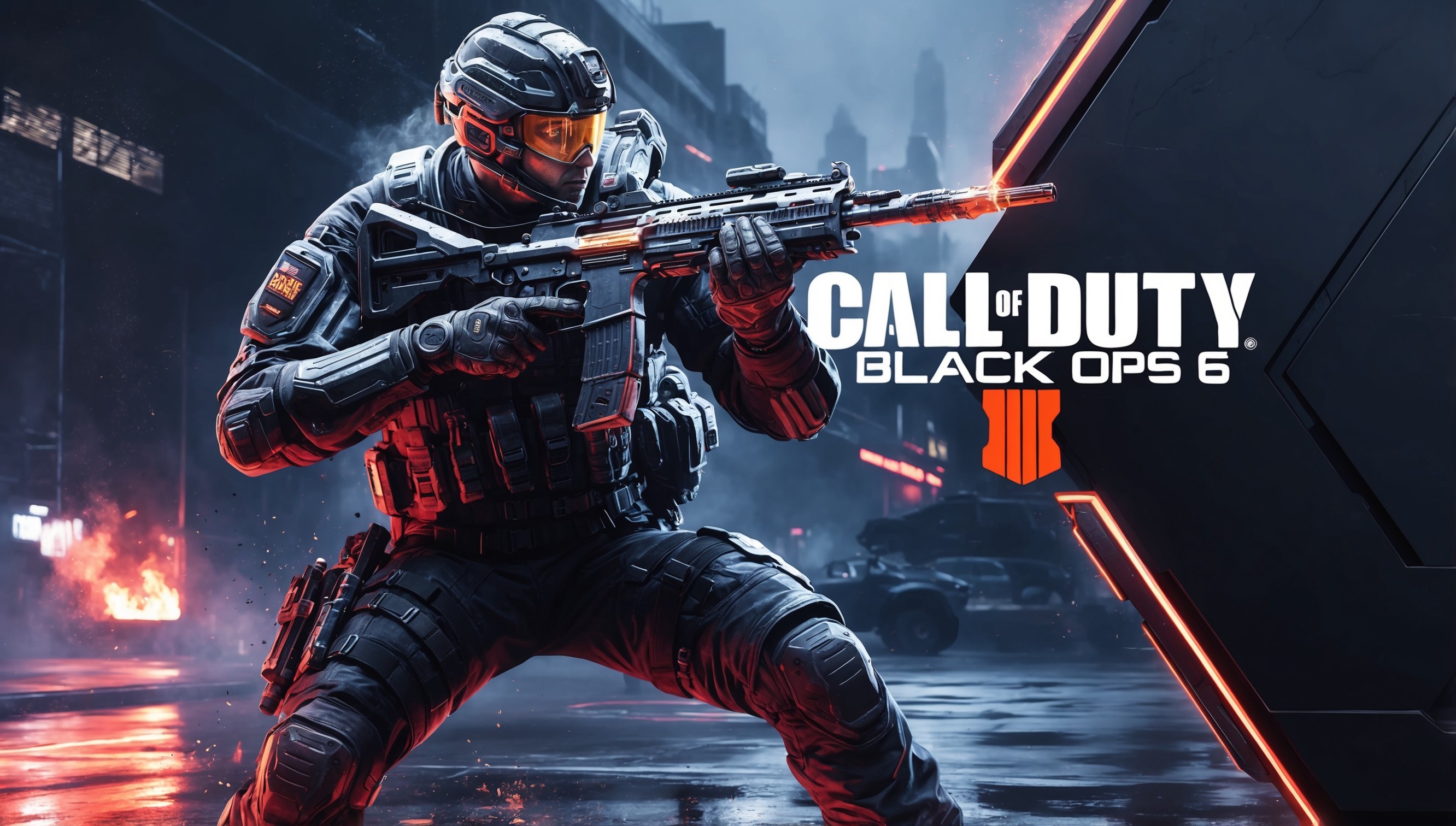 A high-octane, action-packed illustration depicting a futuristic, high-tech soldier in the midst of an intense firefight, set against a dark, gritty urban backdrop, evoking the intense, fast-paced gameplay experience of Call of Duty: Black Ops 6, with bold, vibrant colors and dynamic lighting, featuring the soldier's tactical gear, detailed weaponry, and a hint of smoke and fire in the air, with a focus on bold lines, sharp angles, and a sense of urgency, as if the soldier is about to take cover or make a daring move, with subtle hints of neon lights reflecting off the wet pavement, and a faint hint of a cityscape in the distance, with the game's logo emblazoned prominently, in a metallic, high-tech font, with bold, red accents, and a tagline or slogan in a smaller, yet still prominent, font above or below the logo.