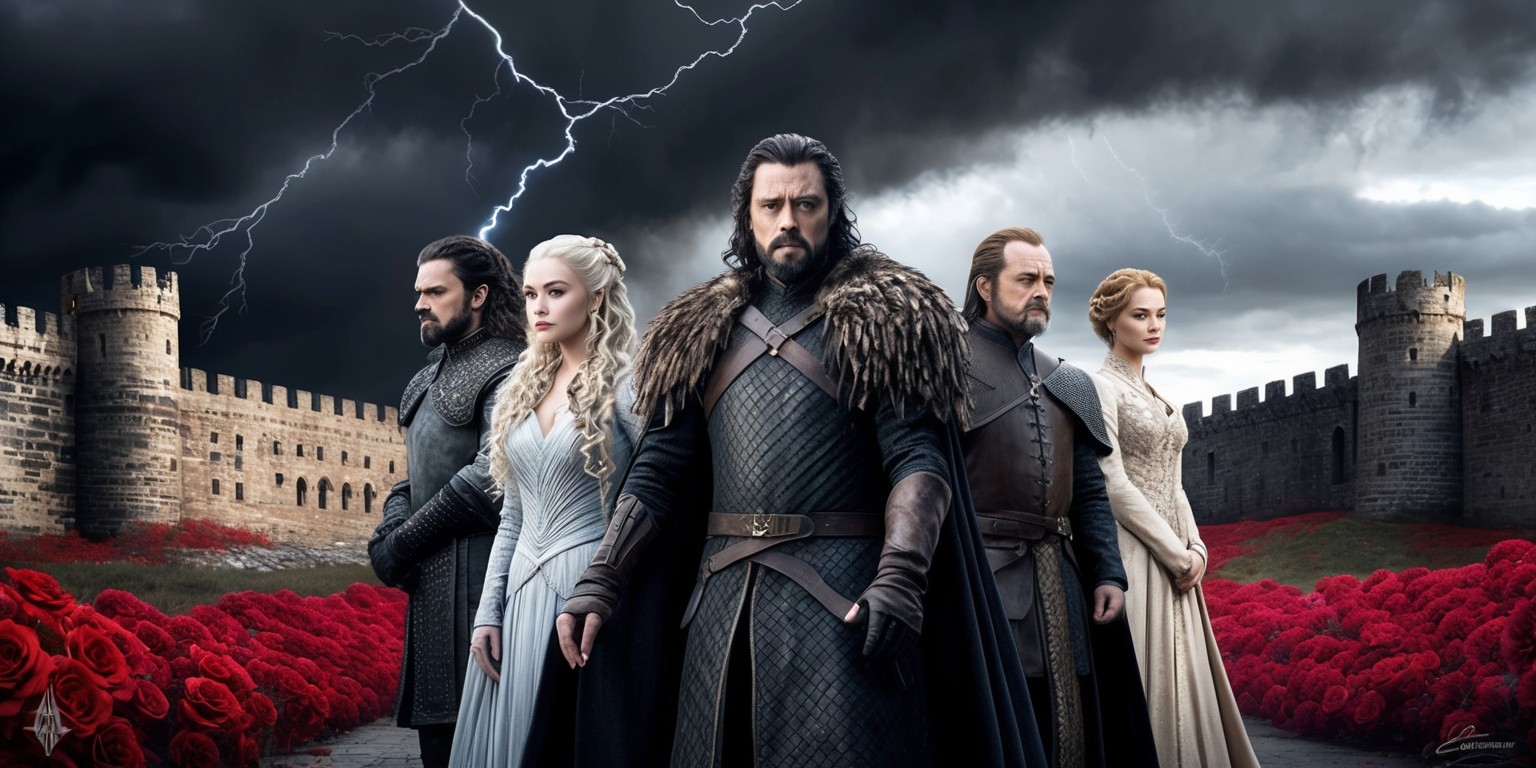 A majestic, atmospheric artwork depicting a pivotal moment from the Game of Thrones series, set against a dramatic, stormy sky with dark grey clouds and flashes of lightning, featuring iconic characters from the show, including Daenerys Targaryen with her long, curly silver-blonde hair and piercing emerald green eyes, Jon Snow with his brooding gaze and dark beard, Tyrion Lannister with his sharp wit and clever smile, and Cersei Lannister with her cunning expression and golden hair, all dressed in intricately designed, ornate costumes with rich textures and subtle embroidery, standing in front of a sprawling, ancient stone castle wall with crumbling towers and rusty gates, surrounded by a sea of crimson flowers, with the Iron Throne looming in the background, crafted in a mix of digital and traditional media with bold brushstrokes, vibrant colors, and meticulous attention to detail.