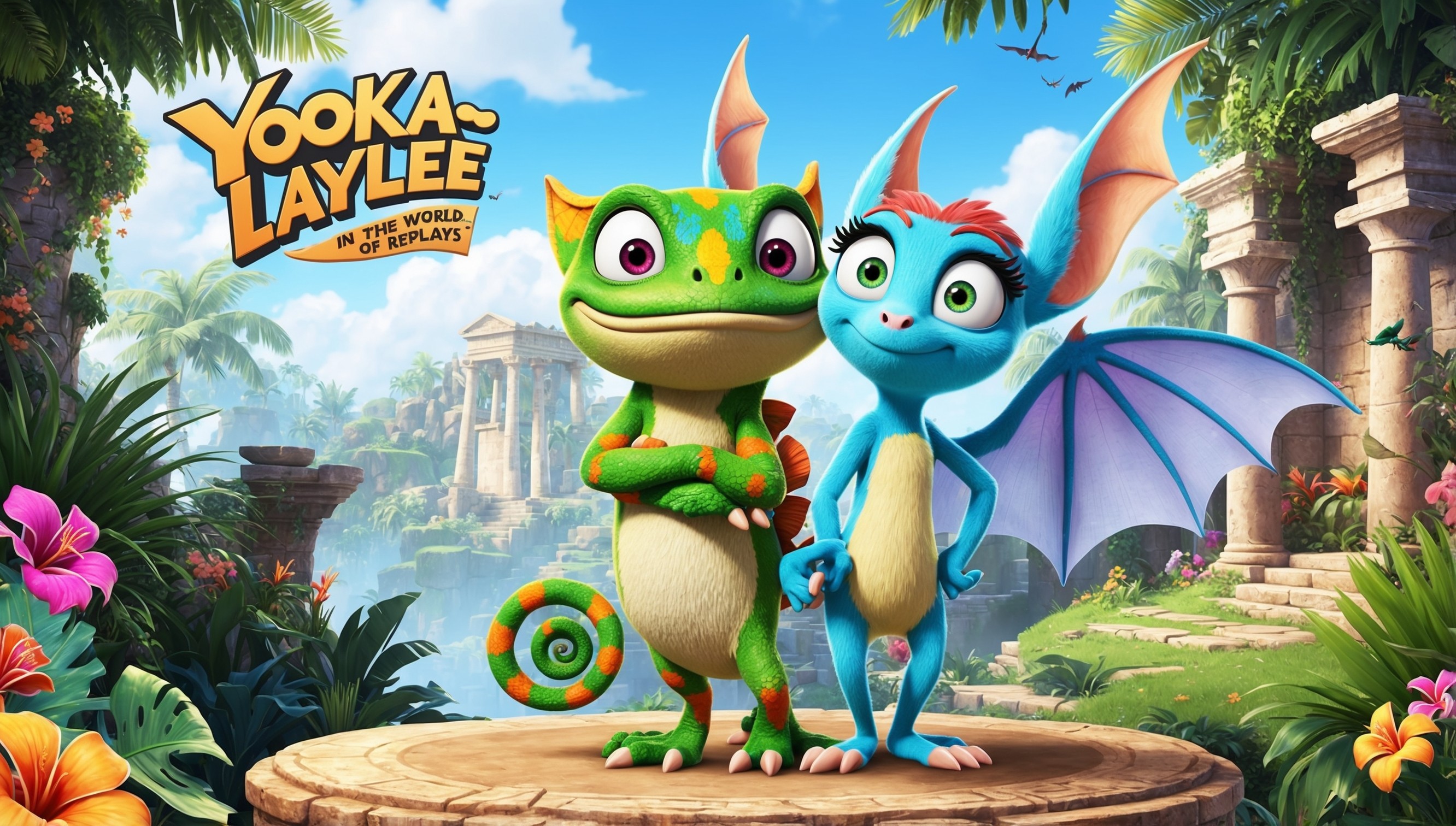 A vibrant and colorful illustration of Yooka, a brightly green chameleon, and Laylee, a wispy, sky blue bat, standing back-to-back, showcasing their unique characteristics, with Yooka donning a cheeky grin and Laylee flaunting her big, dreamy eyes, set against a whimsical, fantastical background filled with lush greenery, tropical flowers, and ancient ruins, evoking a sense of adventure and exploration, as if they're about to embark on a thrilling quest in the world of Replays, with the game's logo, featuring bold, curved lines and playful typography, subtly integrated into the scenery, perhaps on an ancient stone pedestal or a fluttering pennant, capturing the lighthearted and humorous essence of the Yooka-Laylee game series.