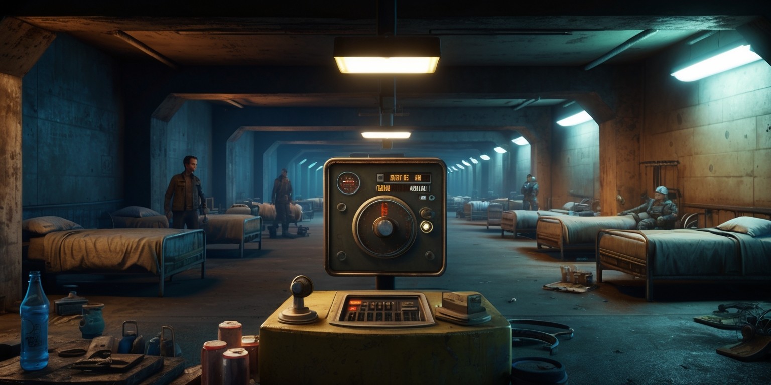 A dimly lit, post-apocalyptic underground bunker scene from the Fallout Shelter game, with a mix of warm and cool tones, dominated by shades of brown, beige, and blue, evoking a sense of despair and survival. The walls are made of rusted metal and old concrete, with flickering fluorescent lights casting an eerie glow. In the center, a simplistic control panel with a dial, buttons, and a small screen displays vital statistics and resource levels. Rows of narrow, cramped living quarters with small beds and makeshift furniture stretch into the background, with a few Vault Dwellers, dressed in worn clothing and sporting tired expressions, going about their daily routines. Some Dwellers have unique facial features, such as scars, glasses, or distinctive hairstyles, while others are busy crafting, cooking, or exercising. In the foreground, a few water bottles, medical supplies, and scattered tools lie about, hinting at the harsh realities of life in the underground vault.