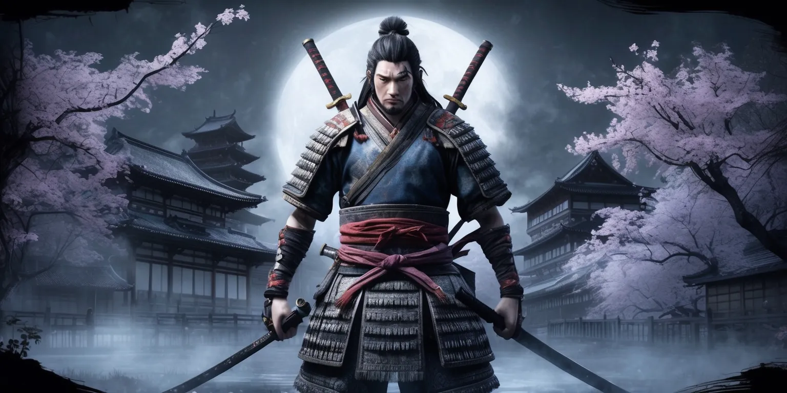 A dark fantasy action-adventure scene from Nioh 3, set in feudal Japan with a blending of Japanese and European architectural elements, featuring a samurai warrior in traditional attire with a katana at their side, standing in front of a misty, moonlit backdrop with cherry blossom trees and a feudal castle in the distance, the warrior's facial features are strong and determined with a focused expression, their skin is pale with a subtle sheen of sweat, the colors are muted with shades of gray, blue, and purple, the style is reminiscent of traditional Japanese ukiyo-e woodblock prints with intricate details and textures, the layout is cinematic with a shallow depth of field, the framing is wide with a sense of grandeur and drama.