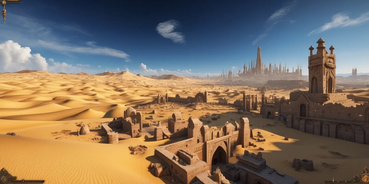 A vast, open world in the Crimson Desert game, set in a sprawling desert landscape with endless dunes of golden sand, punctuated by ancient ruins and mysterious artifacts, under a deep blue sky with a few wispy clouds, with a mix of medieval and Middle Eastern architectural influences, featuring intricate stone carvings, and ornate details, with a warm, sun-kissed color palette, and a sense of adventure and discovery, as if viewed through the eyes of a brave warrior, with hints of danger and mystery lurking in the shadows, and a sprawling city or fortress in the distance, with towering spires and grand architecture, inviting exploration and combat.