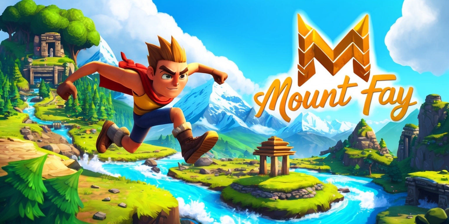 A vibrant adventure platformer game set in the breathtaking Mount Fay landscape, featuring a daring protagonist with determined facial features and sun-kissed skin, navigating through lush green forests, crossing rushing rivers, and climbing snow-capped mountains, with a bright blue sky and fluffy white clouds in the background, incorporating a mix of ancient ruins, mysterious caves, and hidden temples, with the game's logo, a stylized letter M made of mountain peaks, prominently displayed in bold golden font, and the title Mount Fay written in curved, adventurous script, with warm colors and soft textures, emphasizing the sense of exploration and discovery.