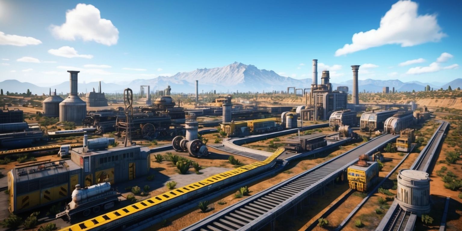A futuristic factory landscape from the Satisfactory game, with a vast open world, conveyor belts, and machinery, set against a backdrop of a distant mountain range under a clear blue sky with a few white clouds, featuring various industrial buildings and vehicles, including trains and drones, with a mix of earthy tones, metallic grays, and bright warning colors, in a photorealistic style with sharp lines and detailed textures, with a slight atmospheric haze and subtle lens flare effects, capturing the essence of a thriving industrial complex in a beautiful natural environment.