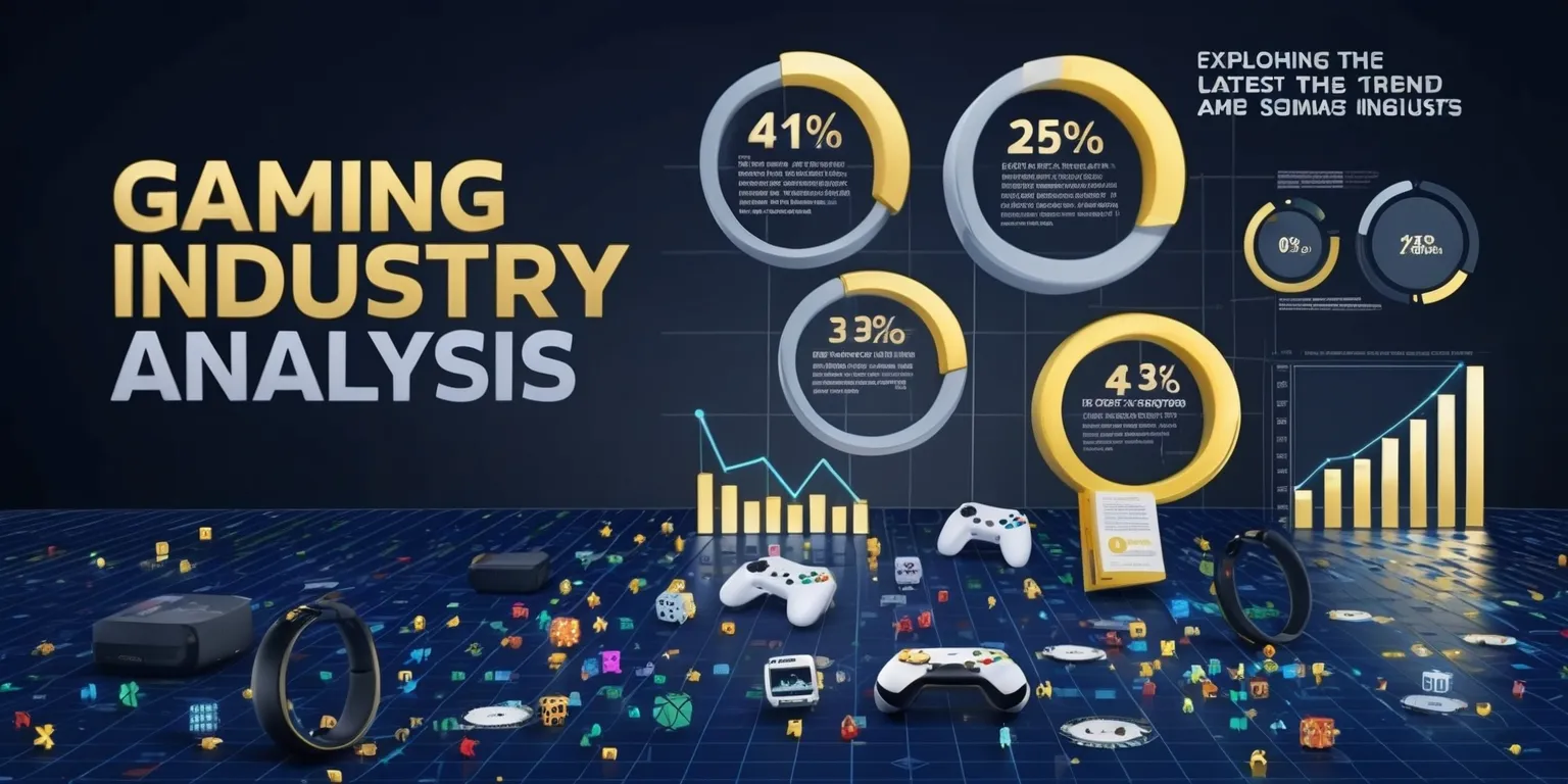A detailed illustration of a gaming industry analysis article, featuring a sleek, modern design with a dark blue background, and bold, golden font highlighting key statistics and trends, set against a subtle grid pattern, with a scattering of tiny, colorful pixels and gaming icons, such as controllers and headsets, in the foreground, accompanied by a series of stylized, circular charts and graphs, displaying data on market growth and consumer demographics, with a prominent, white headline reading Gaming Industry Analysis in a clean, sans-serif font, and a smaller, grey tagline, Exploring the Latest Trends and Insights, written in a curved line above the main title, all carefully arranged to create a visually striking and informative image that effectively conveys the essence of the gaming industry.