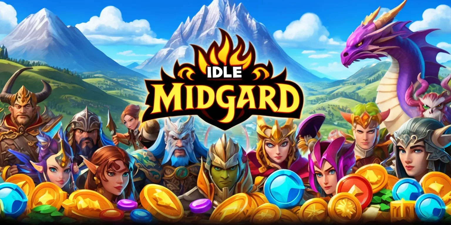 A vibrant fantasy scene depicting the realm of Midgard from a popular idle RPG game, with a stunning landscape of rolling hills and majestic mountains in the background, set against a clear blue sky with fluffy white clouds, and in the foreground, a variety of mythical creatures and characters from the game, including warriors, mages, and dragons, all uniquely designed with intricate details, facial features, and expressive skin colors, amidst a plethora of colorful icons, coins, gems, and treasure chests, with bold, curved lines and dynamic shapes, and the game's logo prominently displayed in a bright, fiery font with metallic accents, and the overall composition is balanced, with a sense of depth and dimension, inviting the viewer to explore the world of Midgard.