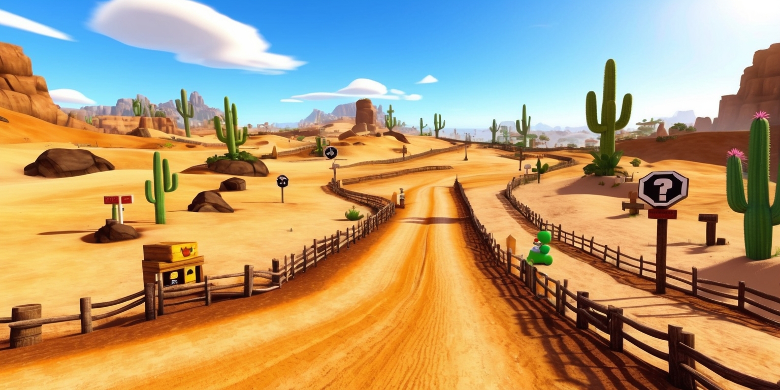 A sun-scorched, arid landscape set in the Wild West region of Mario Kart World, featuring a vast, open plain with sandy dunes, rocky outcroppings, and cacti standing tall amidst a clear blue sky with only a few wispy clouds, as if a storm has just passed, with a winding dirt track snaking its way through the terrain, lined with wooden fences, and adorned with iconic Mario Kart elements such as item boxes, coins, and question mark signs, all bathed in a warm, golden light, evoking a sense of adventure and high-speed racing, with perhaps a few subtle hints of Mario and his friends' presence, such as a Toad's mushroom-shaped hat or a Goomba's discarded shoe lying on the trackside.