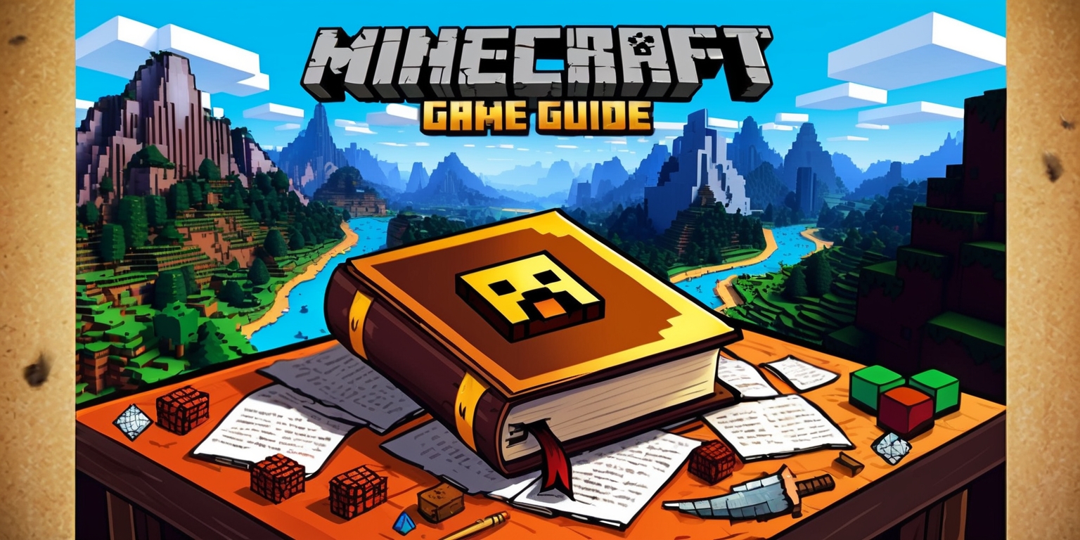 A vibrant, colorful illustration of a Minecraft game guide, showcasing a sprawling, blocky world with towering mountains, lush forests, and winding rivers, set against a bright blue sky with puffy white clouds. The guide itself is depicted as a worn, leather-bound book with a golden emblem of a creeper on the cover, lying open on a wooden crafting table surrounded by scattered pages, quills, and various Minecraft items such as diamonds, swords, and crafting tools. The background is a warm, earthy tone, with subtle textures resembling parchment or rough-hewn wood, evoking a sense of adventure and discovery. The overall style is reminiscent of classic fantasy illustrations, with bold lines, rich colors, and intricate details.