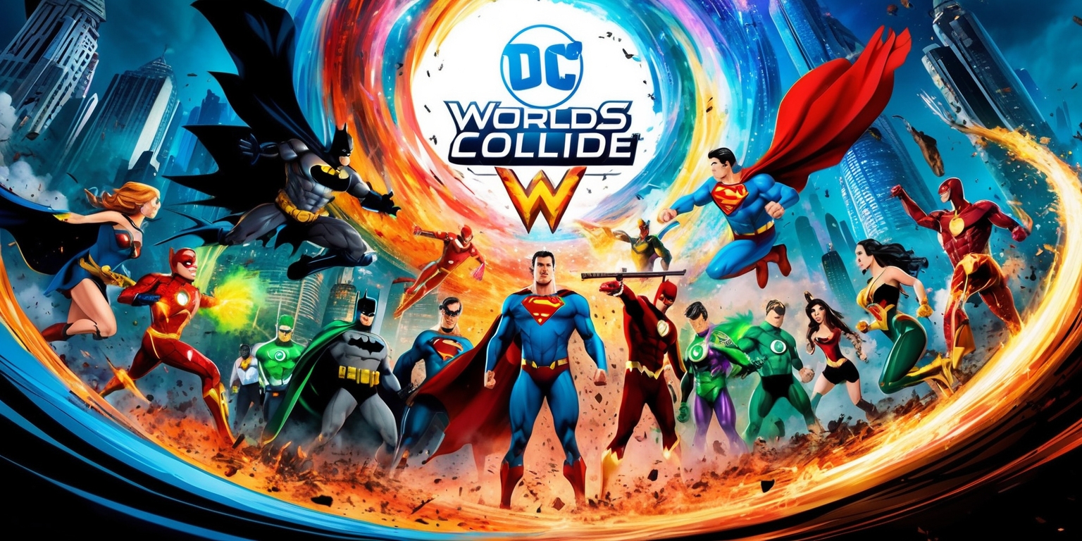 A vibrant, action-packed illustration of the DC Worlds Collide game, showcasing a sprawling cityscape with iconic superheroes from different universes converging in the midst of epic battle, with Batman and Superman from the DC Trinity standing tall amidst a swirling vortex of colors, surrounded by the Flash, Green Lantern, Wonder Woman, and other legendary heroes, each with their distinctive costumes, powers, and accessories, set against a backdrop of towering skyscrapers, explosions, and debris, with bold, dynamic lines and textures, evoking a sense of high-stakes drama and urgency, in a rich, cinematic color palette with shades of deep blues, fiery oranges, and radiant yellows.