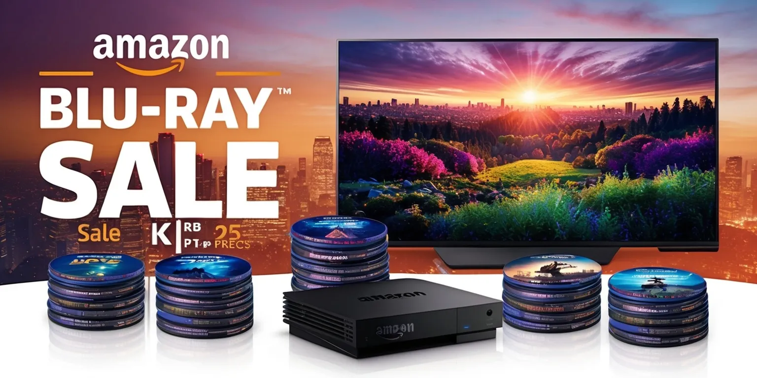Amazon 4K Blu-ray sale advertisement featuring a high-definition background with a cityscape at sunset, warm orange and purple hues, and a foreground with a large flat-screen television displaying a vibrant 4K nature scene, surrounded by stacks of 4K Blu-ray discs and a few bestselling movie titles prominently displayed, with bold white font announcing the sale and discounted prices, and the Amazon logo in the top left corner in its signature orange color, all set against a clean and modern aesthetic with ample negative space to emphasize the products on offer.