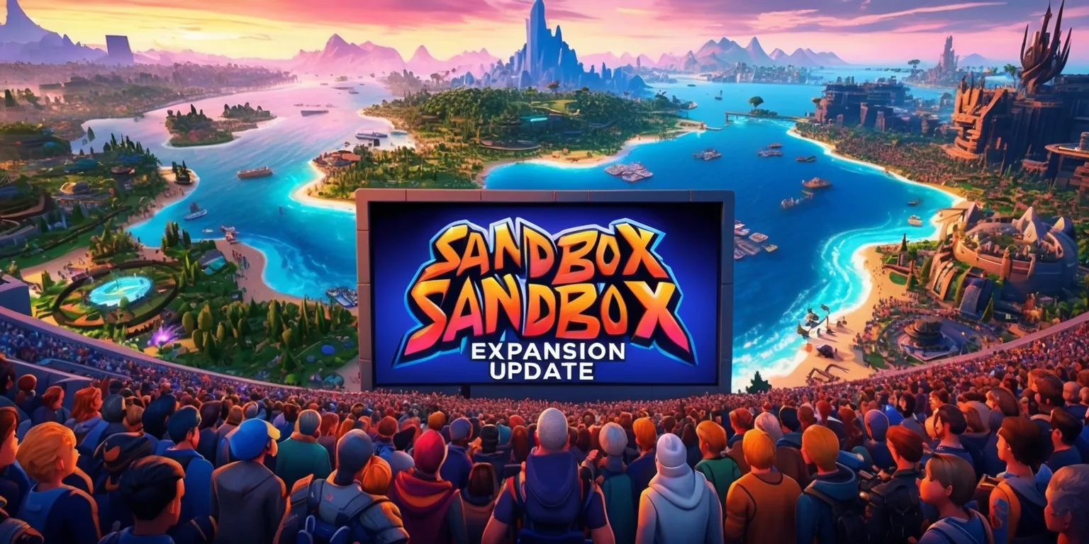 A sprawling digital landscape with vibrant colors and diverse biomes, showcasing a sandbox game expansion update, featuring a massive open world with intricate details, lush forests, vast oceans, and majestic mountains, with a variety of characters and creatures roaming freely, surrounded by futuristic and medieval structures, with a mix of fantasy and science fiction elements, and a large crowd of people from different ethnicities and ages gathered around a large screen displaying the game's logo, a stylized font with bold letters and bright colors, with the game's name and update details written in a curved line above the logo, and the entire scene is set against a stunning sunset backdrop with warm orange and pink hues, highlighting the excitement and thrill of the new update.
