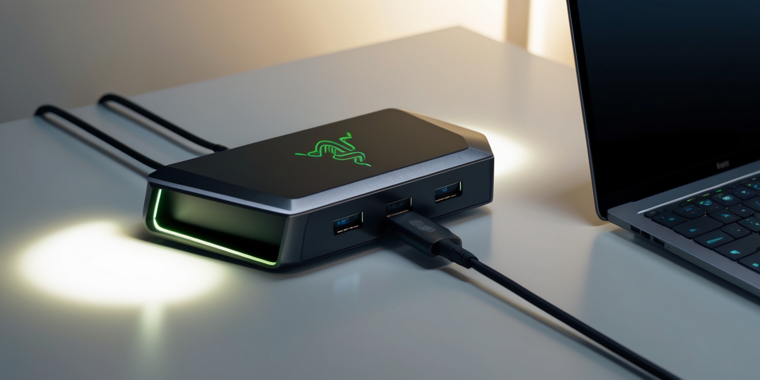 A sleek and modern Razer USB 4 Dock docking station sits on a clean, minimalist desk, surrounded by subtle ambient lighting, with a faint glow emanating from the LED lights on the device itself. The dock's angular, futuristic design is rendered in a predominantly black and dark gray color scheme, with subtle hints of Razer's signature green accenting the USB ports and logo. The Razer logo, a stylized snake emblem, is emblazoned on the top of the dock in a polished, metallic finish. A few USB cables and a single HDMI cord are neatly plugged into the dock, while a single, modern laptop with a slim profile and glowing keyboard lies open nearby, connected to the dock via a thin, high-speed cable. The entire scene is bathed in a soft, warm light, evoking a sense of high-tech sophistication and productivity.