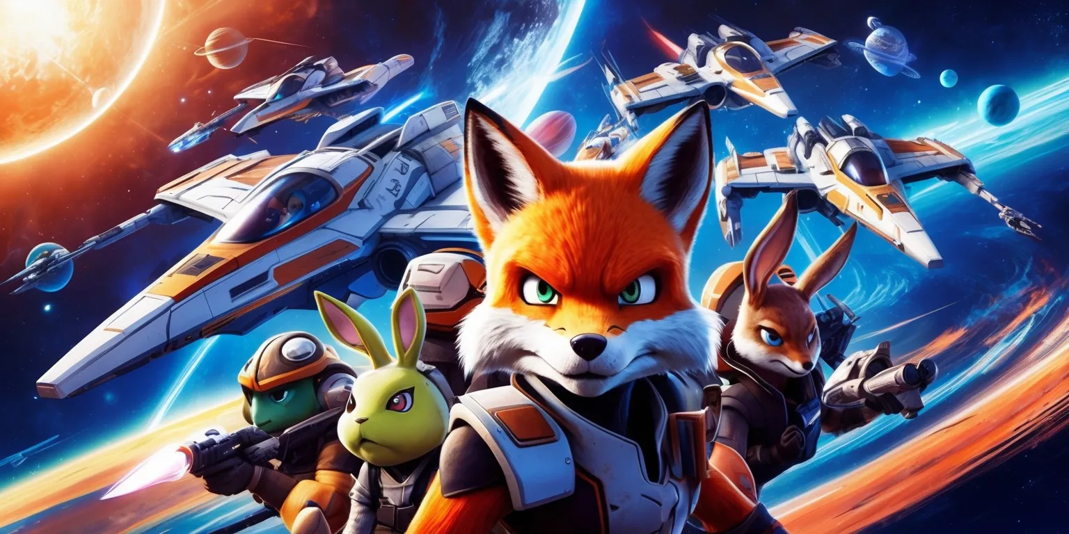 A vibrant, futuristic illustration of the Star Fox team in their iconic Arwing ships, set against a stunning, celestial backdrop of stars, planets, and galaxies, with Fox McCloud, the heroic leader, at the forefront, his determined facial expression and sharp, anthropomorphic features prominently showcased, alongside his trusted companions, Slippy Toad, Peppy Hare, and Falco Lombardi, each uniquely designed with distinct skin colors and facial features, surrounded by a mesmerizing array of colors, including deep blues, radiant oranges, and luminous yellows, in a dynamic, action-packed scene that captures the essence of the beloved Star Fox game, with intricate details and textures that bring the characters and their ships to life.