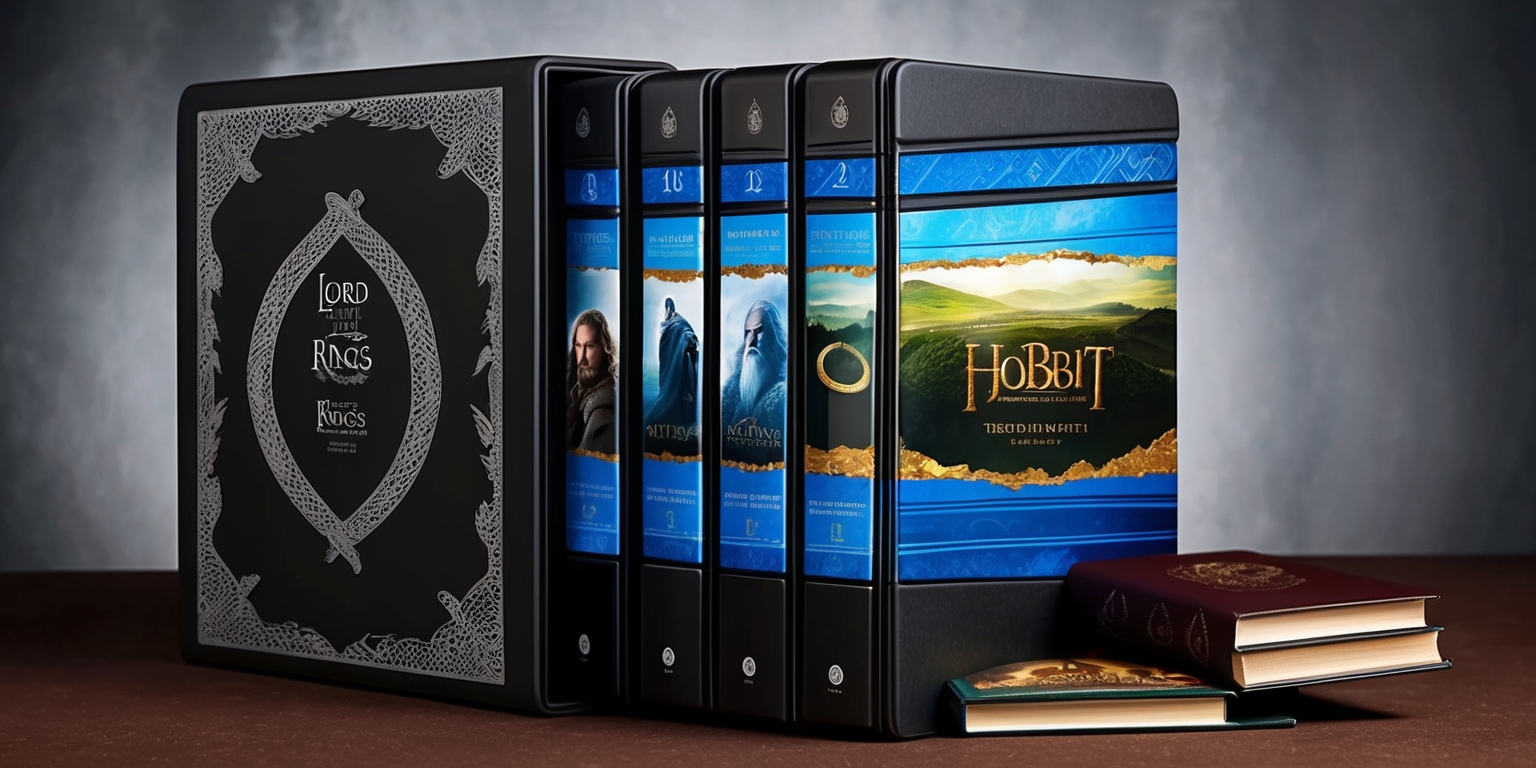 A luxurious, limited edition Steelbook Box Set featuring The Lord of the Rings and The Hobbit movies, with a sturdy, matte black outer casing adorned with intricate, debossed silver filigree patterns inspired by Middle-earth's ancient mythology, housing six individual Steelbook cases with unique, glossy cover art showcasing iconic characters and landscapes from each film, including Frodo, Gandalf, and the One Ring, with vibrant, metallic blue and gold accents that shimmer in the light, arranged in a stacked, staggered formation to resemble the layers of a ancient tome, accompanied by a comprehensive, 100-page behind-the-scenes booklet with concept art, storyboards, and production stills, bound in rich, dark brown leather with silver-embossed logos and trim, all nestled within a protective, velvet-lined clamshell box with a magnetic closure, emitting a sense of premium craftsmanship and sophistication.