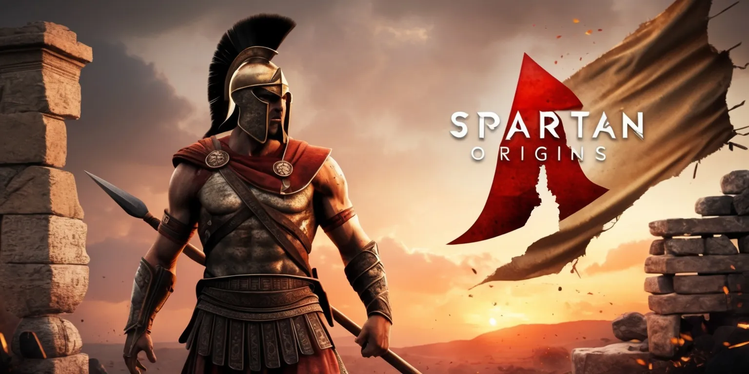 A dramatic scene from the Spartan Origins game, set in ancient Greece with a rugged, battle-worn Spartan warrior standing proudly in the center, wearing a traditional bronze helmet and holding a long spear, with a subtle, serious expression on his weathered, olive-skinned face, surrounded by a backdrop of worn, stone ruins and a distant, fiery orange sunset, with the game's logo, a stylized, bold, red lambda symbol, emblazoned on a torn, tattered banner waving in the wind, and the overall color palette consisting of muted, earthy tones with splashes of vibrant, molten reds and oranges, capturing the essence of the game's intense, action-packed gameplay and rich, historical narrative.