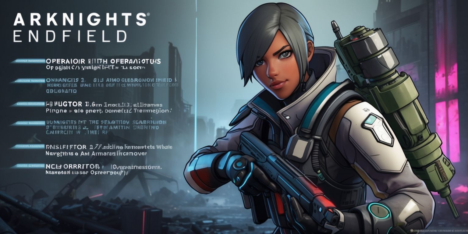 A digital illustration of a character from the game Arknights Endfield, showcasing the operator's unique abilities and role in the game's strategic framework, with a muted color palette and futuristic aesthetic, set against a backdrop of a ruined cityscape with hints of neon lights, the character's facial features and skin color are prominently displayed, with intricate details on their attire and equipment, the image includes text overlays detailing the operator's abilities and tactical applications in a sleek, modern font with a metallic sheen, the overall style is a mix of anime and sci-fi elements, with bold lines and vibrant colors, the character is positioned in a dynamic pose, highlighting their capabilities and strengths in the game.