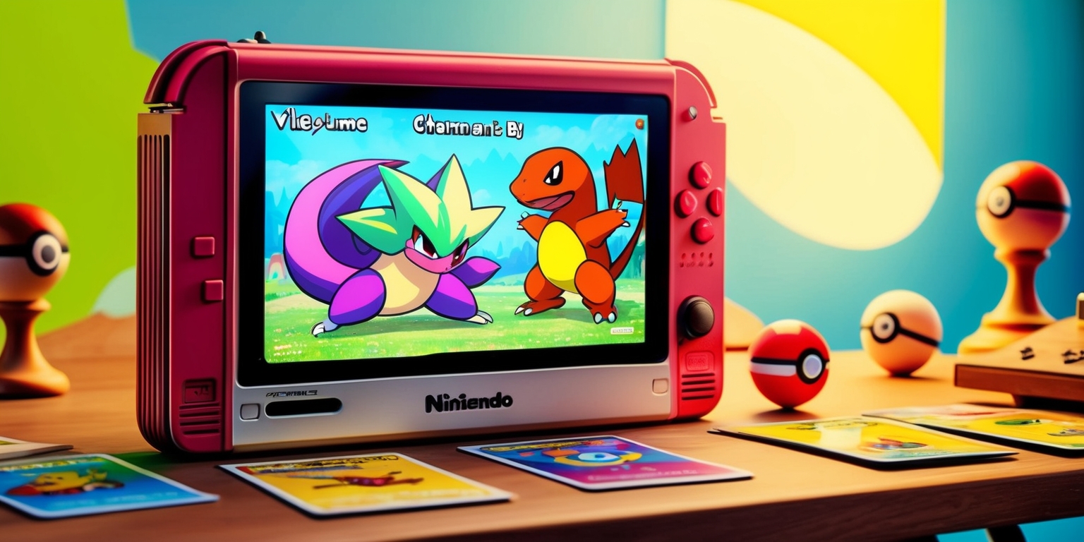 A vibrant and detailed scene depicting a Pokémon game, with a Nintendo console or handheld device prominently displayed in the center, showing a Vileplume battling a Charmander on its screen, the console is placed on a wooden desk with a few Pokémon figurines and trading cards scattered around it, the background is a soft blue color with hints of bright green and yellow, the lighting is warm and inviting, with a few Poké Balls and other game items visible in the surrounding area, the overall style is reminiscent of a classic RPG, with bold lines and vivid colors, the text on the screen is in a bold, white font with a pixelated aesthetic.