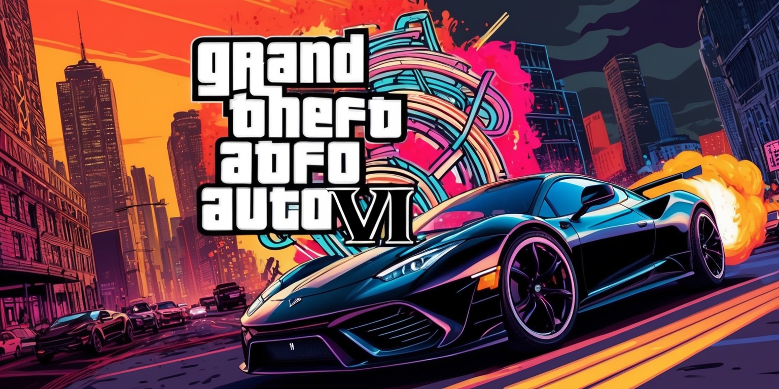 A vibrant, glossy game cover art illustration showcasing Grand Theft Auto VI, set against a gritty, neon-lit cityscape at dusk, with a warm orange glow casting long shadows across towering skyscrapers and bustling streets, featuring a bold, metallic silver font with a modern, sans-serif typeface, adorned with intricate, curved lines and geometric patterns, reminiscent of urban graffiti, with the Roman numeral VI emblazoned prominently in the center, surrounded by a splash of bright, fiery colors, evoking a sense of high-stakes action and rebellion, as a sleek, black sports car speeds away in the distance, trailing a cloud of smoke and flames, under a dark, ominous sky with hints of deep blues and purples, echoing the game's themes of crime, chaos, and liberation.