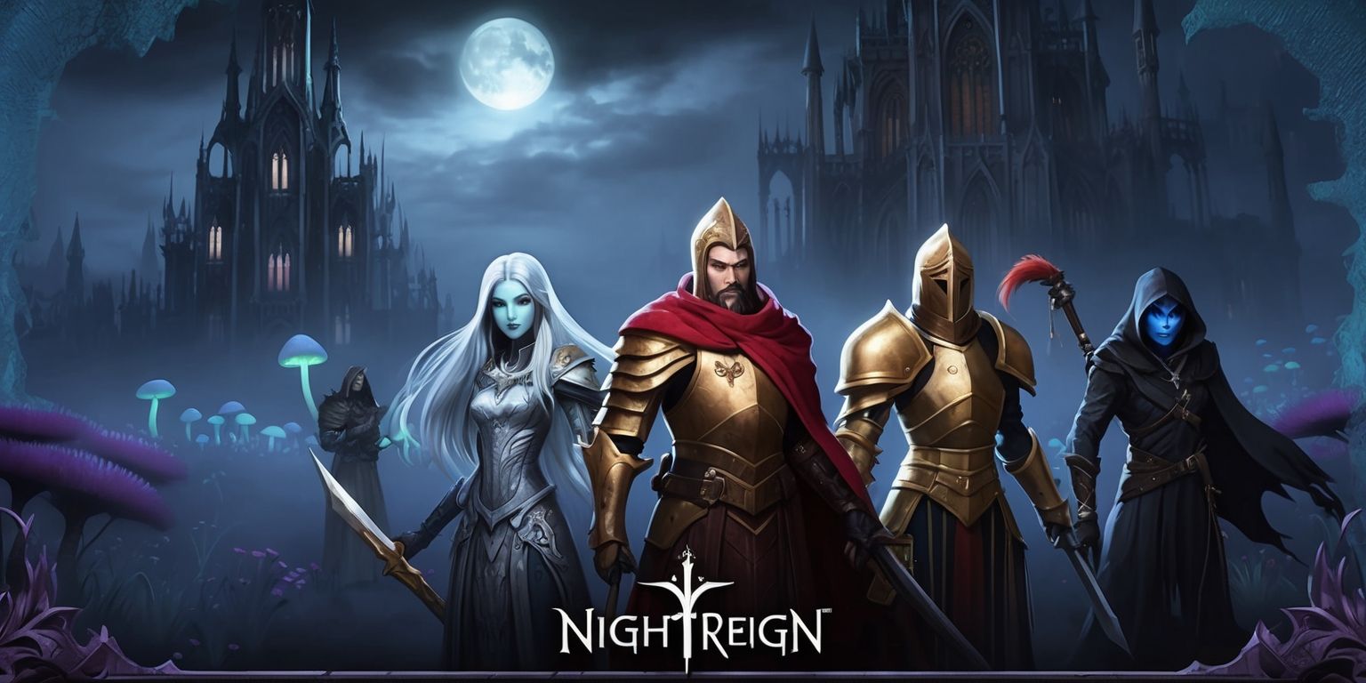 A dark fantasy themed digital artwork depicting a scene from the Nightreign game, with a haunting misty landscape and majestic gothic architecture in the background, illuminated by a full moon and eerie luminescent mushrooms, while in the foreground, a group of characters with unique abilities and weapons stand ready for battle, including a powerful sorceress with long silver hair and piercing emerald eyes, a sturdy knight with a golden armor and a red cloak, and a stealthy rogue with a black hood and piercing blue eyes, all set against a richly detailed and atmospheric environment with a muted color palette of deep blues and purples, and subtle texture overlays to enhance the sense of depth and realism.
