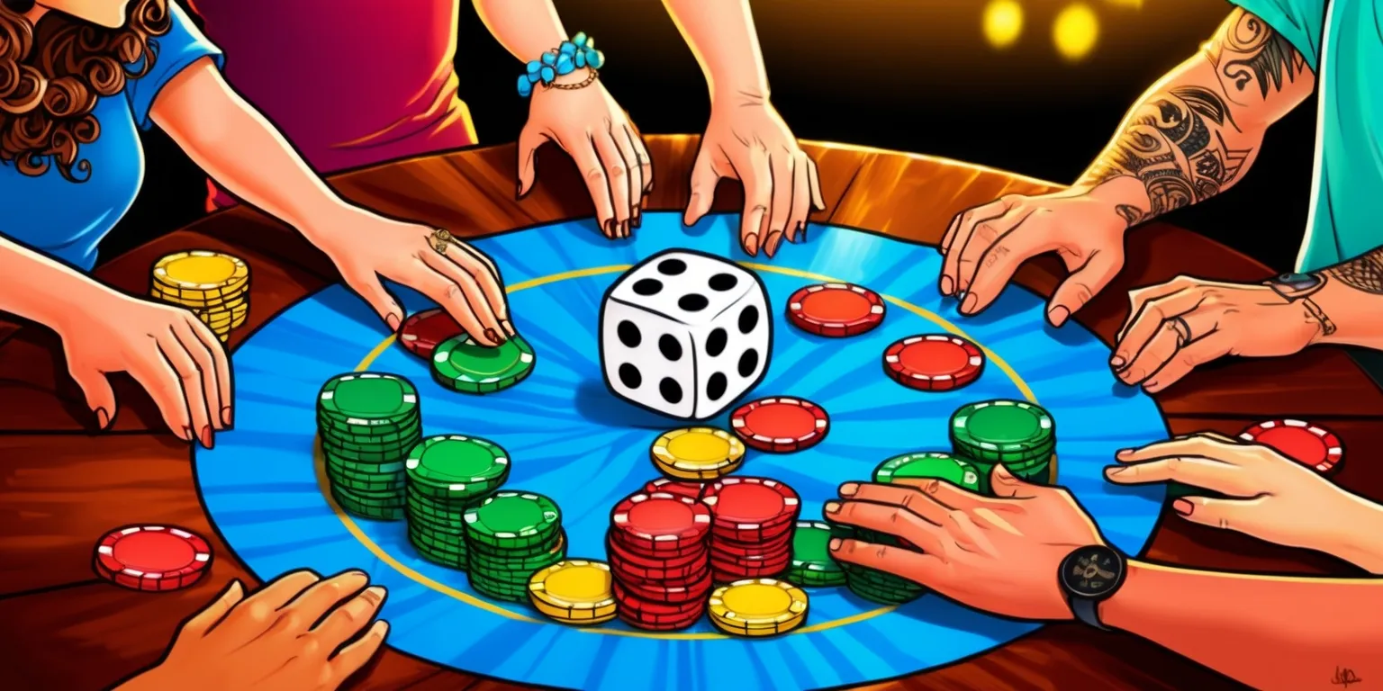 A colorful illustration of a Dicero dice game in progress, with a wooden table as the background, featuring a set of six-sided dice with white dots on a vibrant blue surface, surrounded by piles of red, green, and yellow game chips, and a few players' hands reaching in to roll the dice or place bets, with faces filled with excitement and anticipation, including a woman with curly brown hair and a man with a beard, both with unique tattoos on their arms, under a warm and cozy lighting with a hint of golden glow, capturing the thrill and energy of the game.