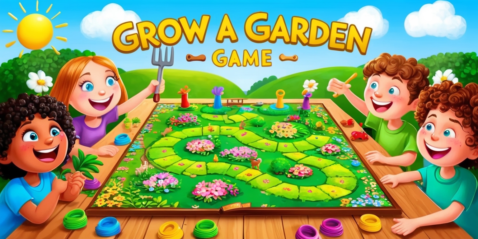 A whimsical illustration of a garden-themed board game titled Grow a Garden, featuring a vibrant green game board with rolling hills and blooming flowers, surrounded by colorful player pieces and gardening tools, with a sunny sky in the background and a few fluffy white clouds, the game board is placed on a wooden table with a few players sitting around it, their faces filled with excitement and joy, one player has a big smile and a pair of bright blue eyes, another player has curly brown hair and a green shirt, the game title Grow a Garden is written in bold, golden font at the top of the board, with the words Game underneath in smaller text.