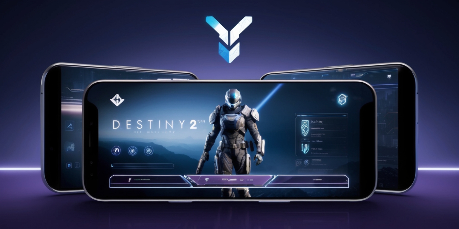 A futuristic, high-tech mobile app interface for Destiny 2, set against a dark blue or purple background, evoking a sense of mystery and adventure. The app's logo, a stylized emblem with a silver and blue color scheme, sits prominently at the top, with bold, modern typography displaying the app's name. The layout is sleek and minimalistic, with intuitive menus and buttons that glow with a soft, ethereal light. A large, high-resolution image of a Guardian, the game's protagonist, dominates the center of the screen, showcasing intricate details of their armor and weaponry. The overall aesthetic is dark, gritty, and immersive, capturing the essence of the Destiny 2 universe.