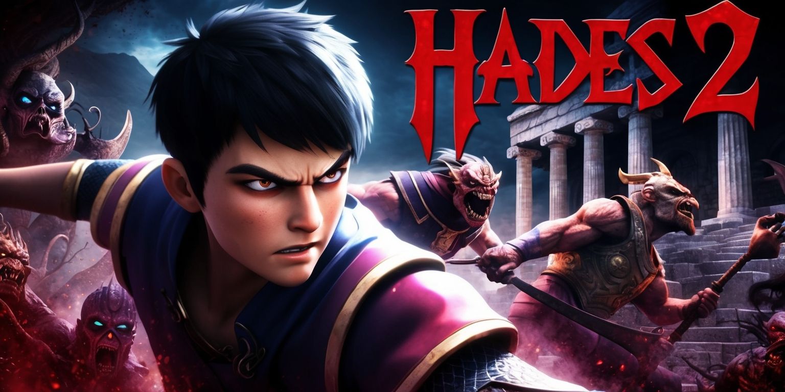 A dark fantasy video game scene depicting Hades 2, with a bold and ominous color scheme, featuring the game's protagonist, Zagreus, a young man with short dark hair and piercing eyes, wearing a determined expression, in the midst of a fierce battle against underworld creatures, set amidst a backdrop of ancient Greek ruins, with intricate details and textures, and a sense of dynamic movement, with the game's title Hades 2 emblazoned in bold, gothic letters, in a deep crimson color, at the top of the image, with the overall atmosphere exuding a sense of intensity and drama.