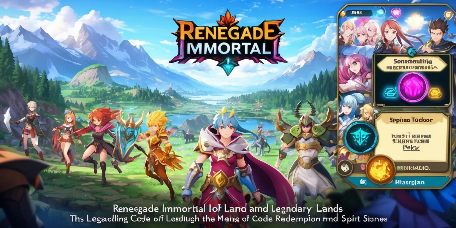 A vibrant mobile game screenshot of Renegade Immortal, showcasing a stunning anime-inspired landscape with legendary lands, set against a backdrop of majestic mountains and lush forests, with heroes and creatures from myth and legend roaming in the foreground, featuring a variety of colorful characters with unique facial features and striking costumes, and incorporating visually appealing UI elements, such as Summoning Tokens and Spirit Stones, with interactive code redemption options, and a blend of modern RPG dynamics and anime storytelling, all presented in a detailed and immersive idle RPG setting with a mix of bright and muted colors, and bold typography highlighting the game's title and key features.