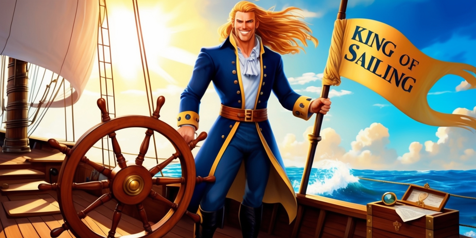 A dramatic illustration of a confident king standing proudly on the deck of a majestic sailing ship, with the wind blowing through his long, golden hair and a strong, determined expression on his sun-kissed face, his bright blue eyes gleaming with a sense of adventure, wearing a regal, navy blue coat with golden trim and a white shirt, holding a sturdy, wooden steering wheel, set against a vibrant, cloud-filled sky with the sun shining down, casting a warm, golden light on the entire scene, with the ship's sails billowing in the wind, and the king's trusted navigational instruments, such as a compass and a map, laid out on a nearby wooden chest, with the words King of Sailing emblazoned in bold, golden lettering on a banner draped across the ship's hull.