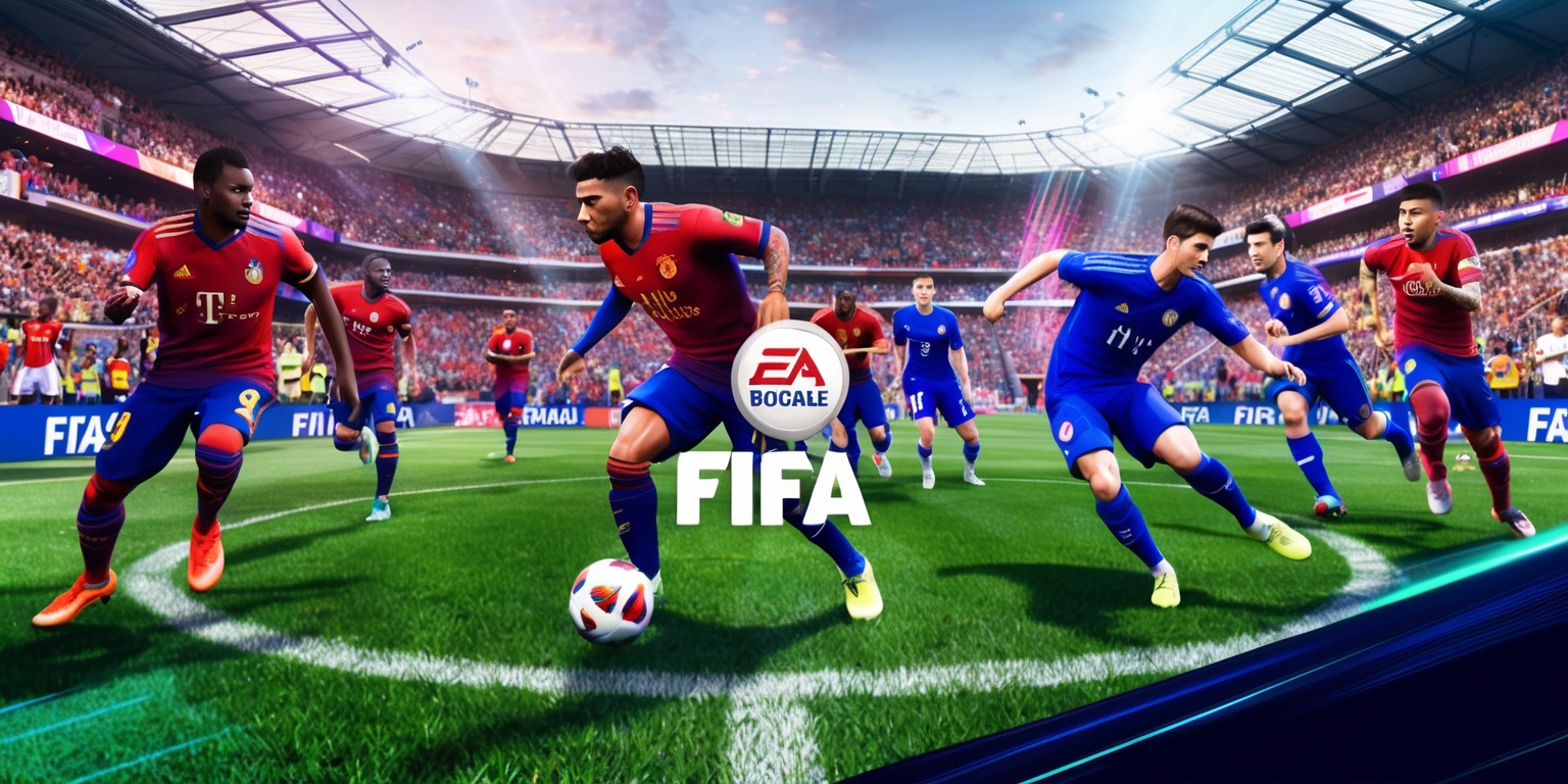 A vibrant and dynamic digital image depicting a FIFA video game scene, with a central focus on a stadium filled with spectators, the pitch, and two teams of soccer players in mid-action, surrounded by lush green grass and vibrant advertising boards, the teams' jerseys and equipment are detailed and colorful, with subtle lighting effects and realistic textures, the overall aesthetic is fast-paced and energetic, capturing the excitement of a professional soccer match, with a mix of skin tones and facial features among the players, the FIFA logo is prominently displayed in a modern, bold font, with a hint of movement and drama in the composition.