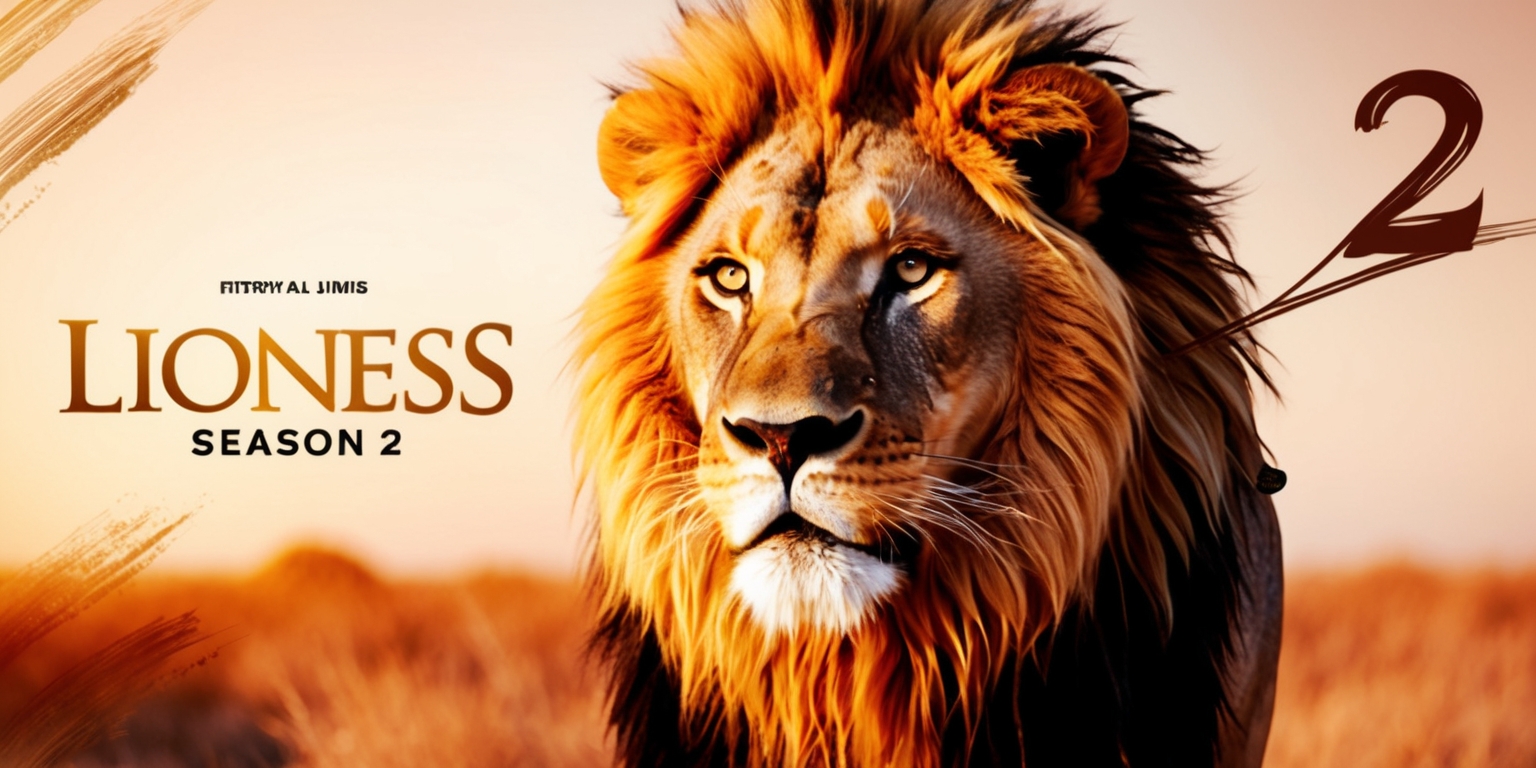 A dramatic poster for the fictional television series Lioness Season 2, showcasing a fearless lioness standing majestically in the savannah, her golden fur glistening in the warm sunlight, with a hint of dry brushstrokes in the background, evoking a sense of nobility and fierce protection, the lioness's piercing green eyes gazing directly at the viewer, her whiskers subtly defined, and her regal mane a vibrant tangle of golden locks, set against a backdrop of burnt oranges and earthy tones, with the series title Lioness emblazoned in bold, golden font, with the season number 2 etched in a simpler, yet elegant, cursive script at the top right corner, the entire design exuding a sense of drama, adventure, and wild beauty.