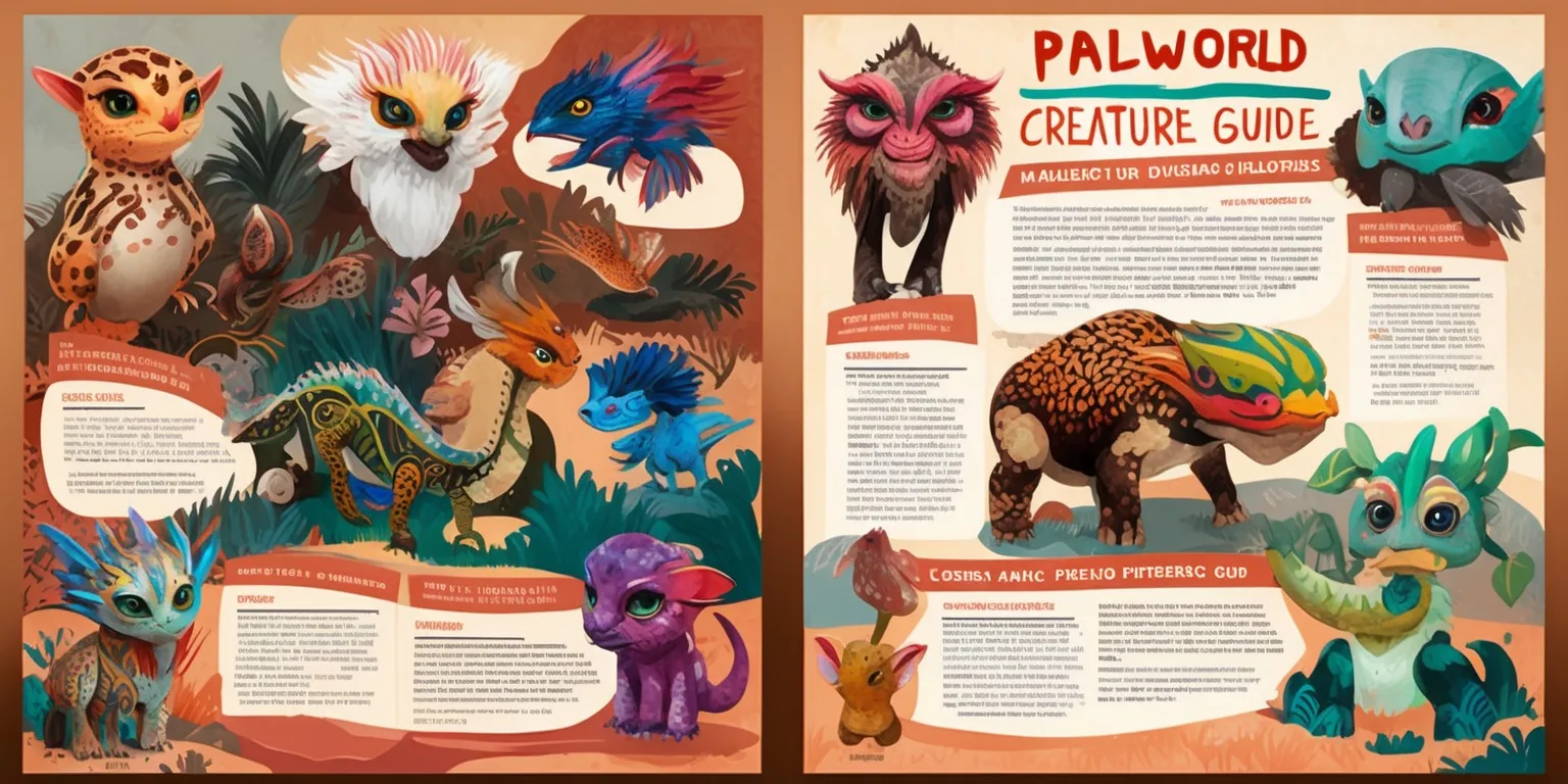 A vibrant and detailed illustration of a Palworld creature guide article, featuring a variety of fantastical creatures with unique skin patterns, vibrant colors, and distinctive facial features, set against a warm and inviting background with a mix of earthy tones and pastel colors, with bold headlines and descriptive text in a playful, cursive font, and intricate illustrations of each creature, showcasing their habitats, behaviors, and characteristics, with a layout that is easy to navigate and engaging to read, and a overall style that is reminiscent of a classic natural history guide, with a sense of wonder and discovery.